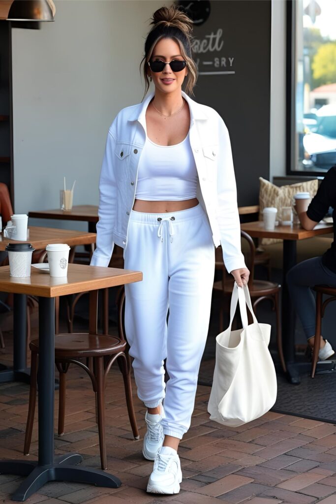 A woman walks confidently through a café in a crisp coordinated set featuring relaxed drawstring bottoms, a cropped tank, and a light jacket, paired with chunky sneakers and a neutral carryall.