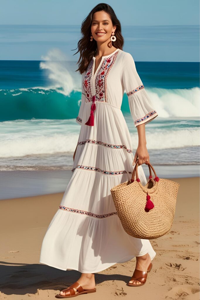 A woman strolls along the shoreline in a breezy ankle-length gown adorned with colorful stitching, paired with flat sandals and a woven tote with tassels.