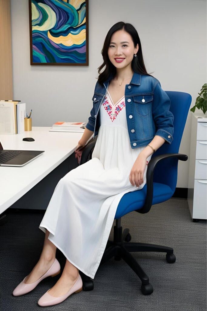 A woman sits at her desk in a modern office wearing a flowy ankle-length dress with colorful stitching and a cropped denim jacket.