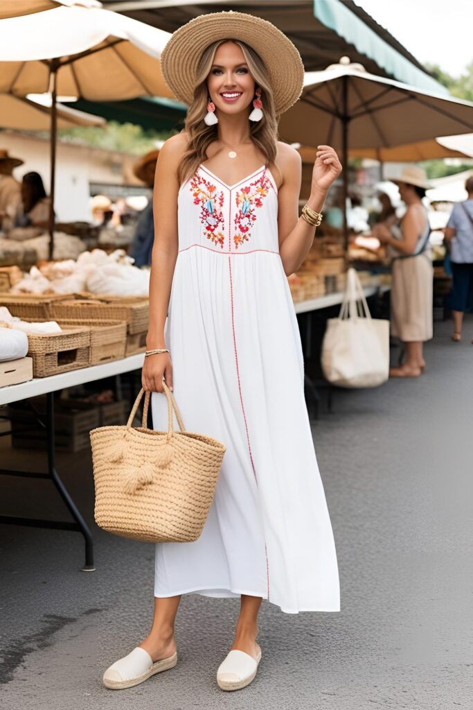 A woman shops at an outdoor market wearing a breezy cotton sundress with vivid stitched florals and neutral slip-on flats.