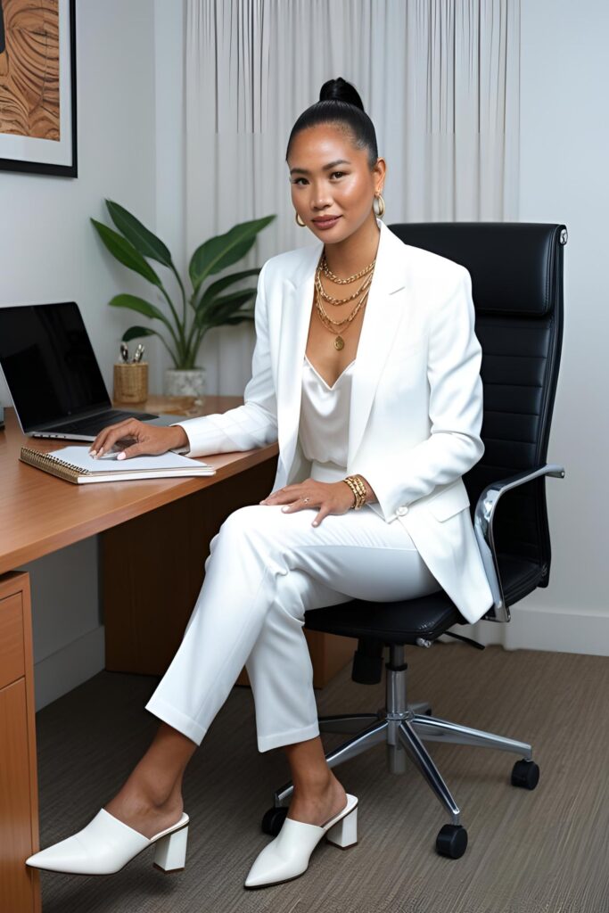A woman in a crisp ivory blazer and silky top sits confidently at a desk, styled with gold jewelry and structured mules for a polished office look.