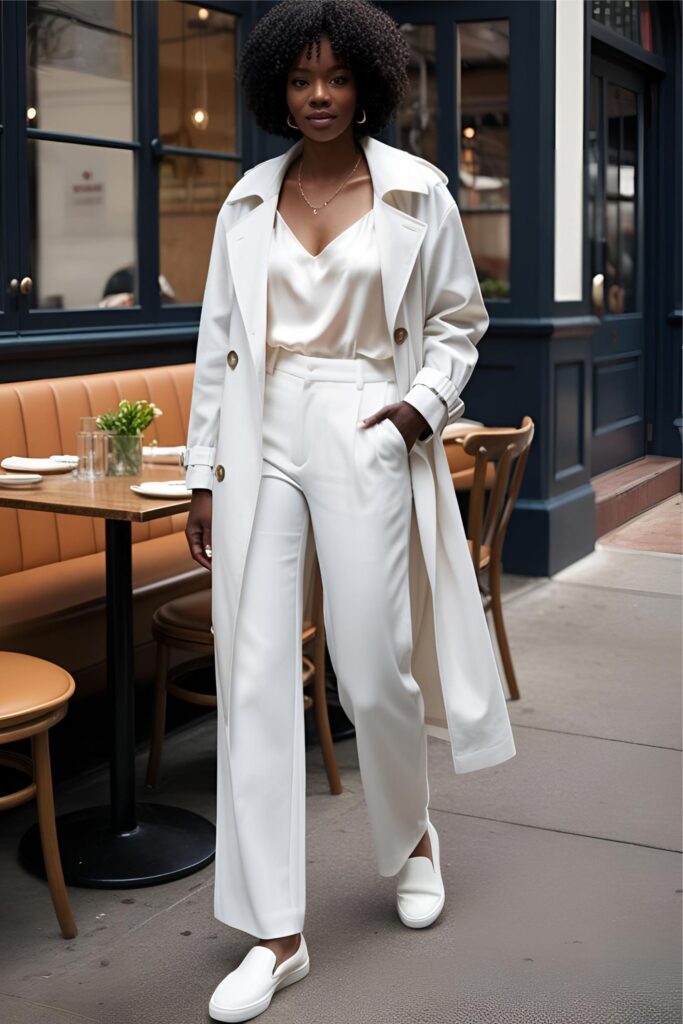 A woman walks confidently in a tailored cream trench coat layered over a satin top and wide-leg pants, finished with minimalist slip-on loafers for a polished daytime look.