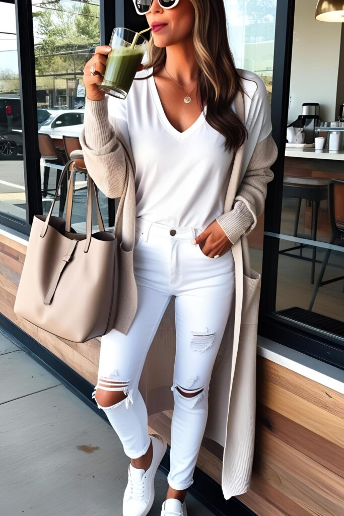 A stylish woman sips a green smoothie while wearing a beige duster, bright scoop-neck tee, and distressed skinnies with sneakers, accessorized with a neutral tote and round sunglasses.