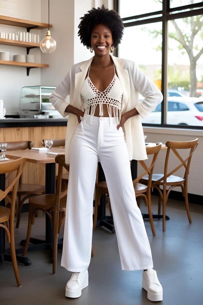 A woman exudes cool confidence in a fringed knit crop top and wide-leg trousers, styled with a relaxed blazer and platform sneakers for an effortless, modern bohemian look.