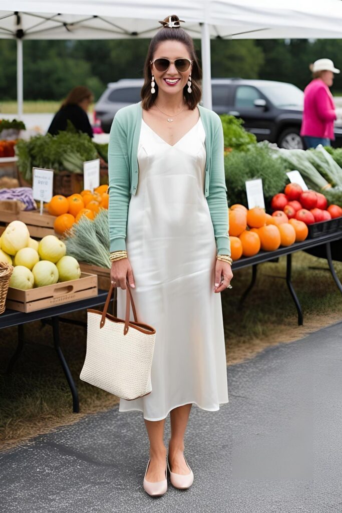 A woman shops at a farmer’s market in a silky midi-length cami dress paired with a mint green cardigan, nude flats, and a woven tote for an effortlessly polished daytime look.