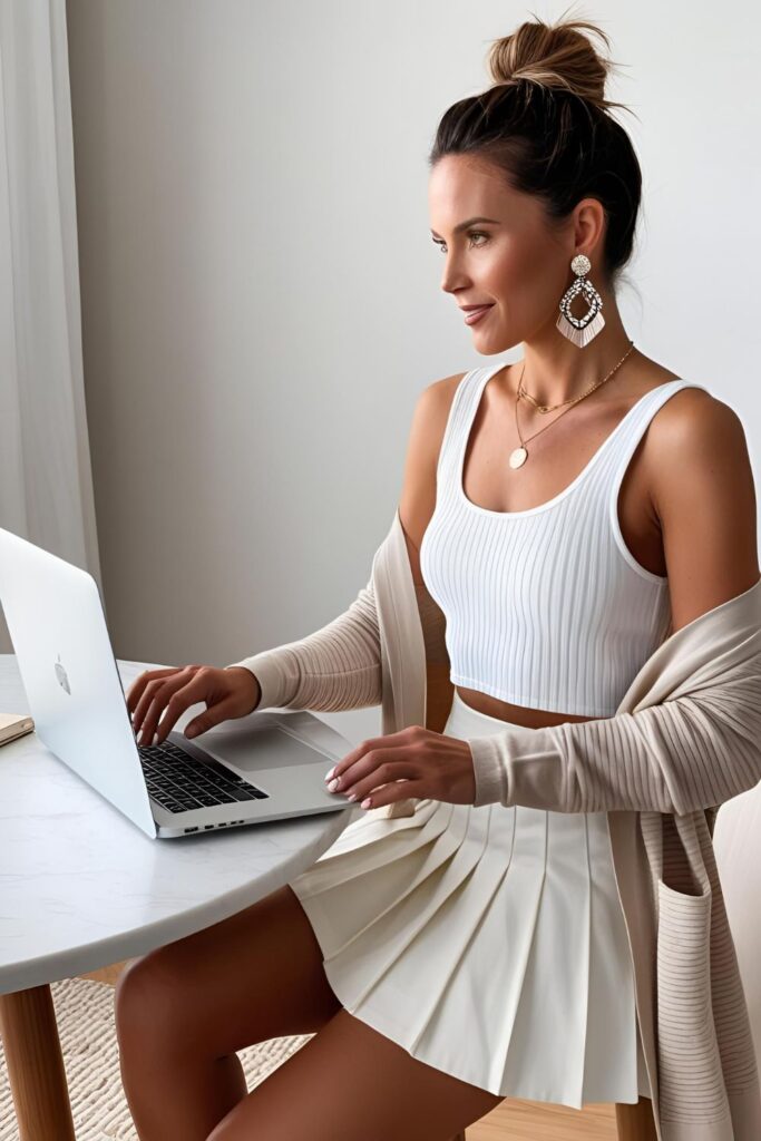 A woman works from home in a ribbed crop top and structured mini, layered with a long neutral cardigan and statement earrings for a polished-meets-comfy vibe.